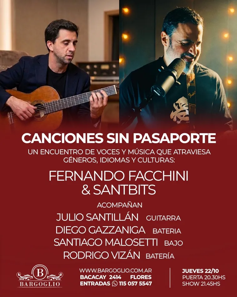 Flyer de Canciones sin pasaporte: Fernando Facchini y santbits en Bargoglio, jueves 22 de octubre